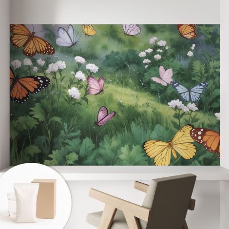 Papier peint avec colle pour décoration moderne de salon chambre à coucher cuisine et bureau Facile Papillons dans la prairie 104x70 cm (1/5)