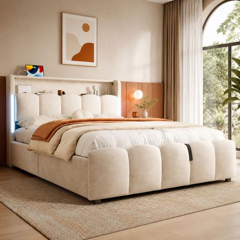 Letto 140x200 cm in velluto beige con contenitore idraulico, LED, senza materasso – MEUBLIV (1/5)