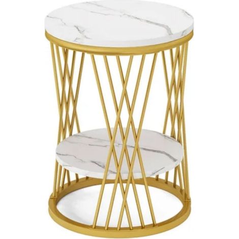 Table d'appoint ronde, avec plateau effet marbre blanc, structure métal doré croisé, étagère de rangement supplémentaire, pour salon (1/5)