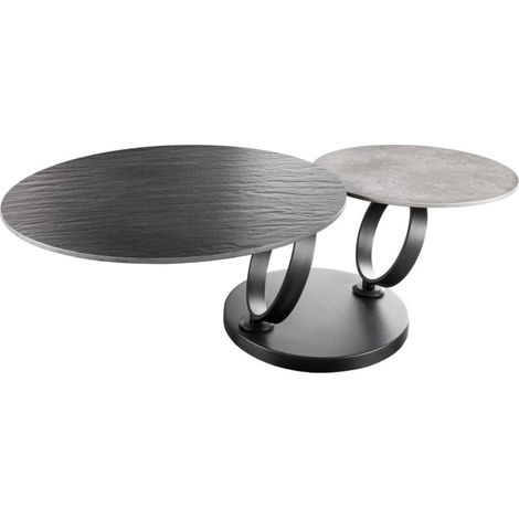 Table basse SOLYNE design 134 cm avec plateaux rotatifs noir texturé et gris effet pierre