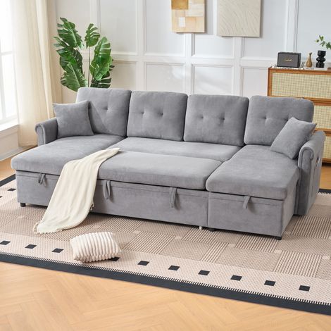 Sofá En U Convertible con Arcón, Asiento Extra Profundo, Chenilla Gris, 266 x 130 x 85 cm (1/5)