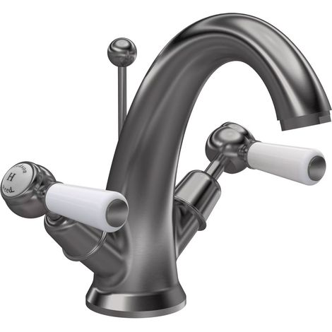 Hudson Reed Topaz Lever Mono Basin Mixer Tap Dual Handle with Pop Up Waste - Brushed Pewter
