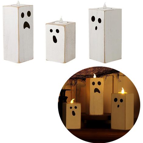 Ensemble de bougeoirs en pour Halloween avec lumières LED sans flamme design créatif décoration de table de fête parfaite cadeau 3 Bois (1/4)