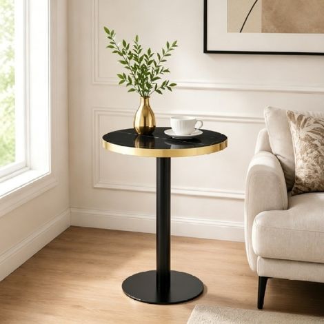 Table d'appoint ronde moderne, plateau effet marbre avec bordure dorée, piètement robuste en métal noir et doré, idéale comme table basse, table de chevet ou table de balcon. (1/5)