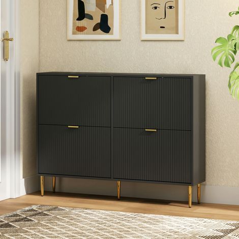 Meuble à chaussures 20 paires avec 4 tiroirs rabattables, portes cannelées et étagères réglables, 105x24x91,5cm, noir (1/5)