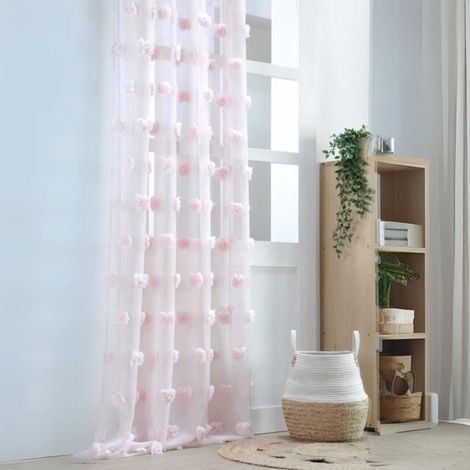 Homemaison – Voilage pompons brodés rose clair 140x260 cm – 100% polyester – Finition œillets argent – Design filtrant la lumière (1/5)