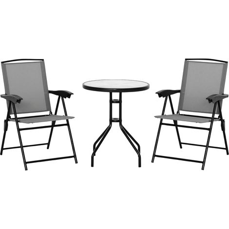 3-teiliges Garten-Set: 2 verstellbare Klappstühle, runder Tisch aus Sicherheitsglas, graues Textilene & Metall
