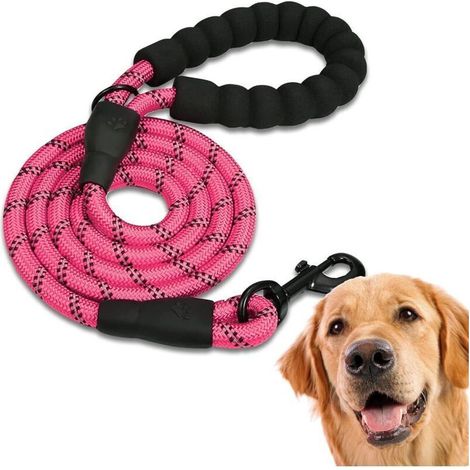Laisse Chien - Nylon Épais 12 mm - Réfléchissante - Attache Acier Inoxydable 360° - Poignée Rembourrée EVA - 1,5 M - Rose (1/4)