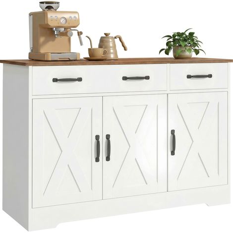 Credenza da cucina, mobile contenitore con 3 ante scorrevoli, 2 cassetti e ripiani regolabili, 108 x 40 x 81 cm, bianco