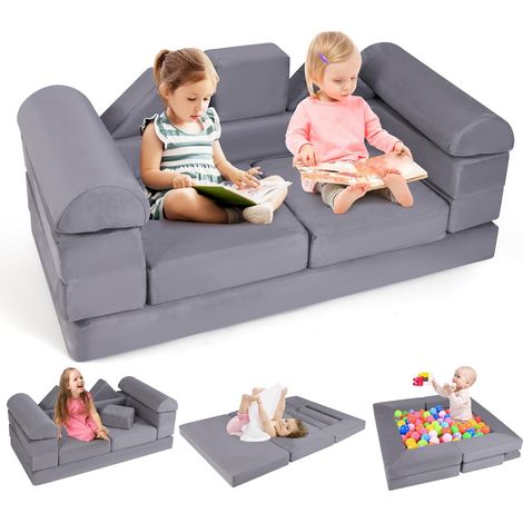 COSTWAY Divano Modulare per Bambini, 9 Pezzi, Divano Letto per Bambini in Schiuma con Tessuto Suede, Coperture Lavabili, Divano Convertibile per Stanze da Gioco, Camere da Letto, Soggiorno (Grigio) (1/5)