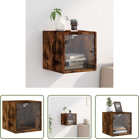 Rangement chambre - Table de chevet avec porte en verre chêne fumé 35x37x35 cm (1/5)