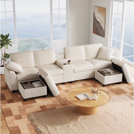 Canapé salon U rangement convertible corduroy beige 315 OKMYHOME (1/5)
