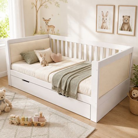 Lit gigogne 90/200×190 cm blanc en bois massif avec dossier rembourré (1/5)