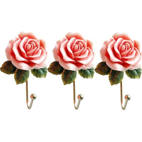 Lot de 3 crochets muraux en résine rose, crochets en fer décoratifs en forme de fleur, pour suspendre manteaux, chapeaux, clés, serviettes, sacs à main, etc. (1/5)
