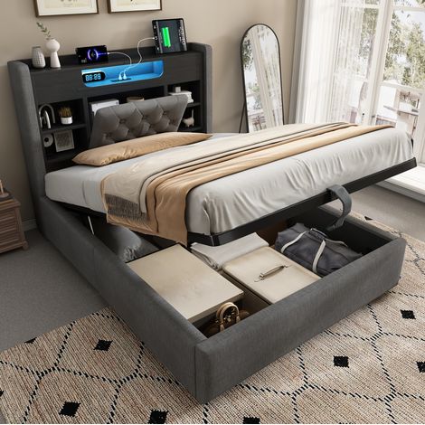 Lit coffre 90x200 cm avec LED, USB et USB-C, tête de lit avec étagères, tissu gris (1/5)