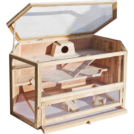 Wiltec – Cage hexagonale pour rongeurs – Clapier XXL 115 x 60 x 58 cm – 3 étages en bois sapin – Rampes et couvercle rabattable – Fenêtres d'observation