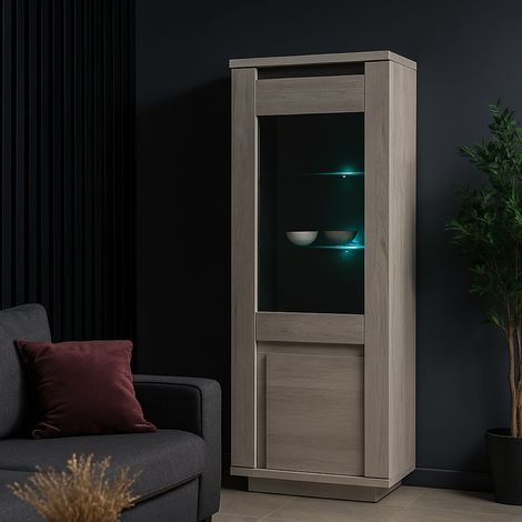 Vitrine contemporaine 1 porte vitrée chêne blanchi MELINDA (1/4)