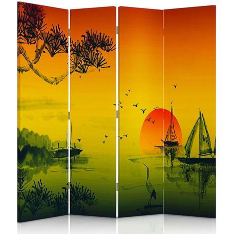 Paravent Japonais Paysage Zen et Coloré pour Intérieur - 145 x 180 cm - 1 face déco, 1 face noir