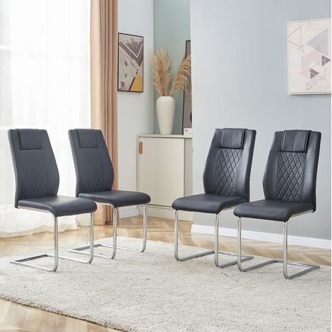 Chaise de salle a manger en PU noir et métal argenté, ergonomique, avec patins antiglisse,41×48×97cm (1/5)