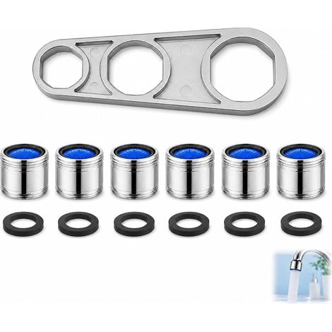 Juego de 7 aireadores para grifo M18, aireador para grifo con rosca macho M18, 6 aireadores ahorradores de agua con 1 llave multifunción, boquilla aireadora cromada antisalpicaduras para cocina y baño (1/5)