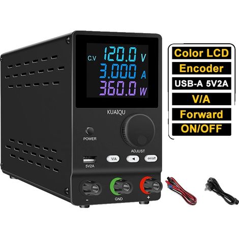 Fuente de alimentación de CC, voltaje ajustable, alta precisión, 120V 3A 360W Negra (1/2)