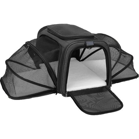 Transporteur de voyage pour animaux de compagnie, pliable, extensible, maille respirante, grand espace, chat pour l'extérieur, noir, bord noir (1/5)