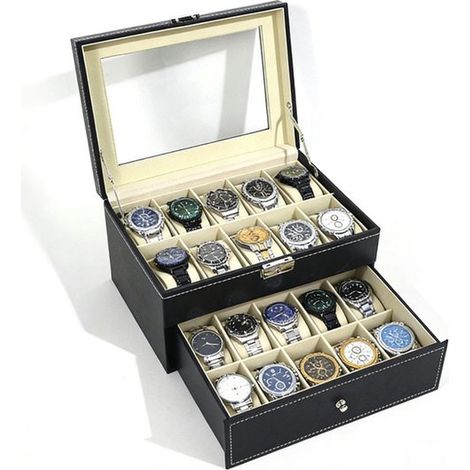 Coffret à bijoux - Coffret à montres - Coffret à bijoux pour adultes - Coffret à montres pour hommes - Étagère à 2 niveaux pouvant contenir 20 montres, intérieur beige (1/5)