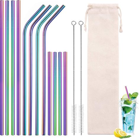 Set di 12 cannucce riutilizzabili in acciaio inox, multicolore, senza BPA, con 2 spazzolini per la pulizia per succhi, cocktail e bevande. (1/5)