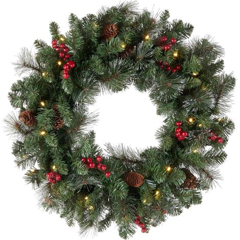 Ghirlanda National Tree da 61 cm in abete con peli argentati, pigne, bacche rosse e 50 luci LED a batteria a luce bianca calda (CW7-306-24W-B1) (1/5)