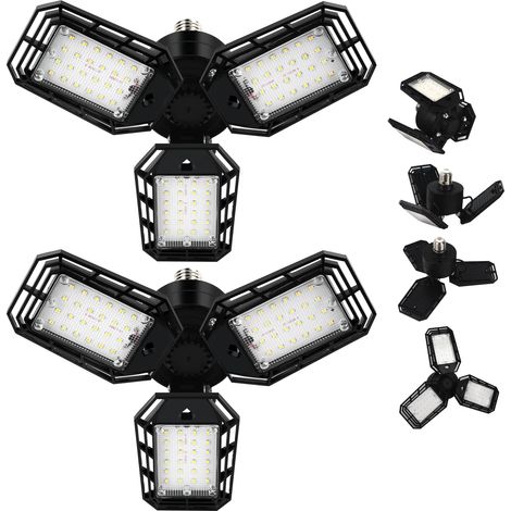 Lot de 2 lampes de garage LED, plafonnier de magasin à LED, lumière LED à visser 6 500 K avec 3 panneaux déformables, pour sous-sol d'atelier, E27 (1/5)