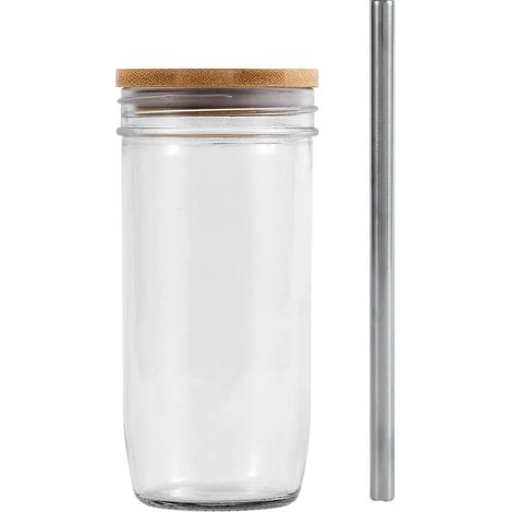 Drinking Glasses with Bamboo Lids and Stainless Steel Straw - 24oz Can Shaped Glass Cups, Beer Glasses, Iced Coffee Glasses, Cute Tumbler, Great for Soda, Tea, Cocktail
