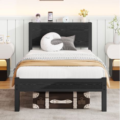 Bett Einzelbett Stauraum 90x200 Metall Holz Schwarz OKMYHOME (1/5)