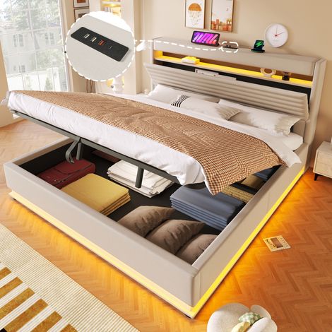 Lit rembourré 180x200 cm beige sans matelas. Recharge USBC  rangement hydraulique avec table pliable.  éclairage LED (1/5)