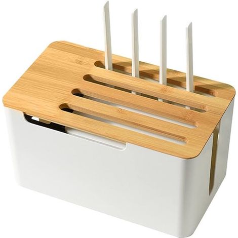 Caja blanca para router con tapa de bambú - Armario ventilado para router wifi, módem y cables - Con aberturas para antena y orificio para cables (1/5)