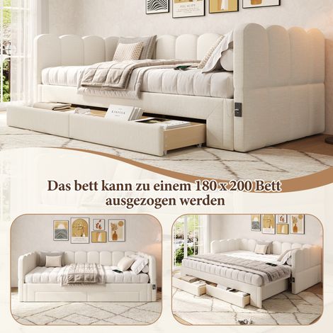 Lit-canapé, banquette-lit, canapé convertible 90x200 cm, extensible à 180 cm, avec 2 tiroirs de rangement, port USB, tissu lin beige, sommier à lattes, méridienne, couchage d'appoint. (1/5)