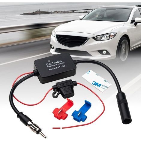Amplificatore per antenna autoradio, amplificatore universale per antenna FM per auto 12V-24V, alto guadagno, basso rumore, 25dB, con adesivo e clip rossa, per antenna FM autoradio (1/4)