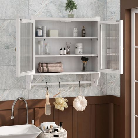 Armoire Murale avec 2 Portes en Verre Cannelé, 3 Niveaux et Porte-Serviettes, Style Vintage, en Bois et MDF, 63×18×60 cm, Blanc Patiné