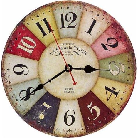Horloge Murale Vintage Coloré en Bois Pendule Murale Silencieuse Cadran Rétro Design Rond Rustique Style Toscan Décoration pour Salon Chambre Bureau Maison Café Bar, 12in(Piles non incluses) (1/5)