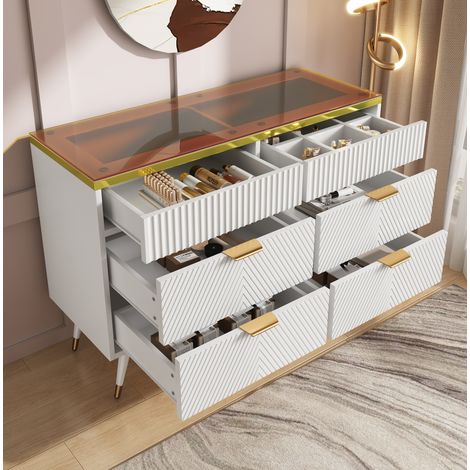Kommode 120x40x76 cm weiß aus Glas und Spanplatte mit 6 Schubladen und Kippsicherung (1/5)