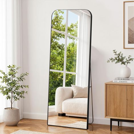 Miroir sur Pied 142x52 cm, Grand Miroir Corps Entier à Coins Arrondis, Autoportant Suspendu ou Inclinable pour Chambre, Salon, Dressing, Verre Trempé, Noir (1/5)