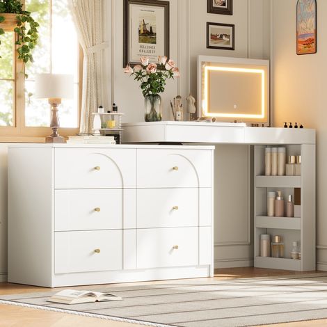Tocador de maquillaje con espejo LED, forma de L reversible, 105x80x40 cm, blanco, 7 cajones y tiradores dorados (1/5)