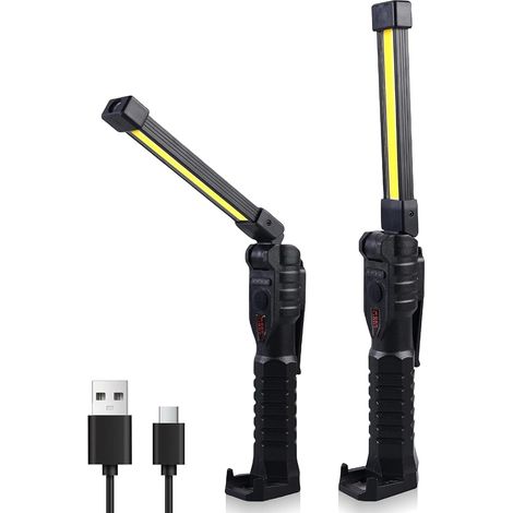 Juego de 2 luces de trabajo LED - Lámpara de taller - Funciona con pilas, con imán y gancho - Plegable - Recargable - LED COB - Luz de trabajo LED para reparación de automóviles y talleres (1/5)