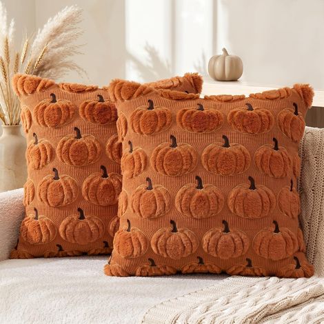 Lot2 Housse Coussin Automne Caramel Broderie Citrouille 40x40cm (1/5)