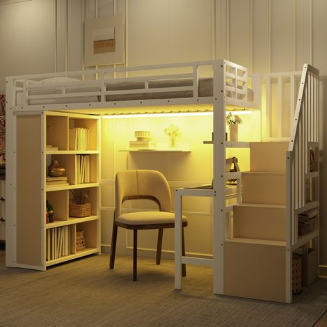 Letto rialzato 90x200 cm con scrivania, ripiani e illuminazione LED, bianco, materasso non incluso (1/5)