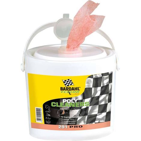 Bardahl – Lingettes professionnelles Poly Cleaners – Seau de 70 lingettes non tissées – Solution dégraissante avec vitamine E et Aloé – Pour nettoyage mécanique