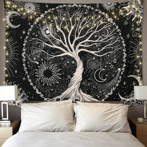Wandteppich „Baum des Lebens“, Mond und Sonne, schwarzes psychedelisches Sternenmandala, Hippie-Wanddekoration für Schlafzimmer, Studentenwohnheim, Party (1/5)