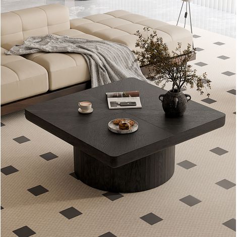 Tavolino quadrato 78x78x38 cm nero, piano effetto parquet, legno e MDF, base cilindrica MEUBLIV (1/5)