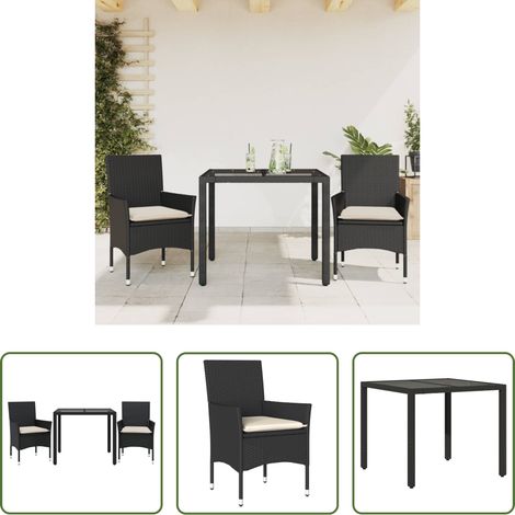 Gartenessgruppe - 3-tlg. Garten-Essgruppe mit Kissen Schwarz Poly Rattan Glas (1/5)