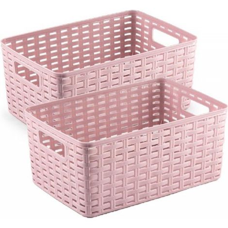 Lot de 3 paniers/boîtes de rangement en rotin tressé plastique - Rose ancien - 19 x 29 x 13 cm - Paniers de rangement (1/2)