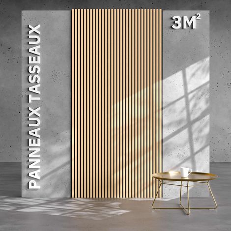 Lot de 2 Panneaux Tasseaux Bois - Chêne Feutre Noir - 3 m², 2500 x 600 mm, Mon Marché Déco